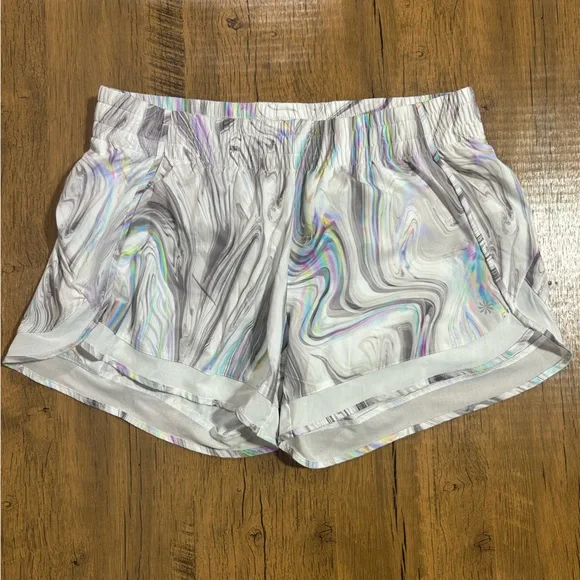 Athleta Mesh Racer Run Short in the "Iridescent Marble Glitch Rainbow" M - Picture 2 of 15